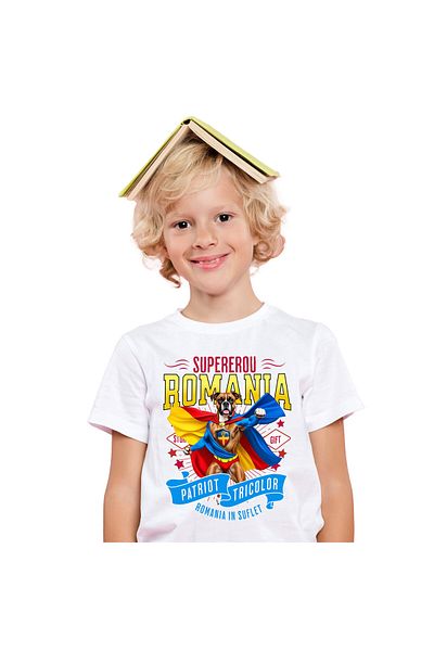 StoryGift Romania Tricou Copii cu Boxer Caine In Costum de Capitan Romania cu Pelerina, Erou Noctu,White_6ANI