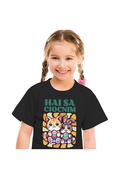 StoryGift Romania Tricou Copii cu Iubitorii De Familie Pisica portocalie Si Iepure Cu Oua Colorate,Black_6ANI
