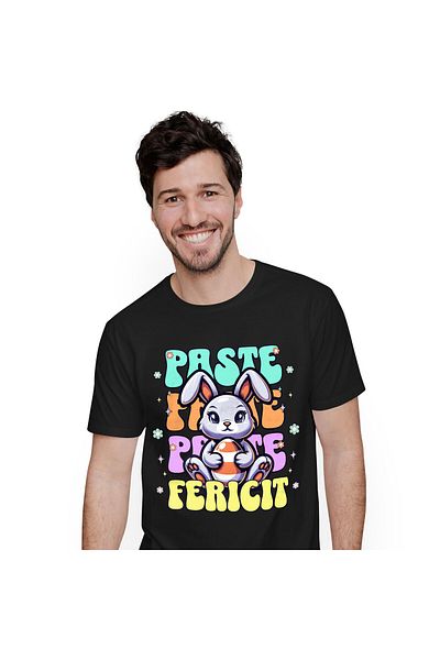 StoryGift Romania Tricou Barbati cu Iepure De Paste Mov Vesel Cu Ou Colorat In Brate, sarbatori cu,Black_XS