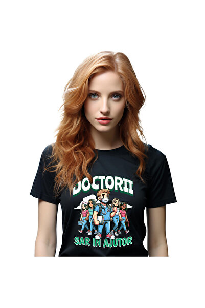 StoryGift Romania Tricou Femei cu Grup Doctori Tineri Medicina Meserie Sanatate cu imprimeu pe Fat,Black_S