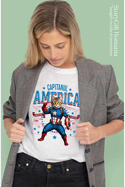StoryGift Romania Women's T-Shirt with Bengal Cat in Captain America Costume with Cape, Hero of Night, White_M
