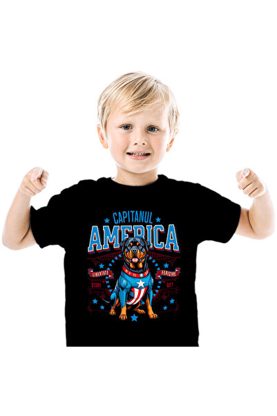 StoryGift Romania Children's T-shirt with Rottweiler Dog in Captain America Costume with Cape, Hero, Black_8ANI