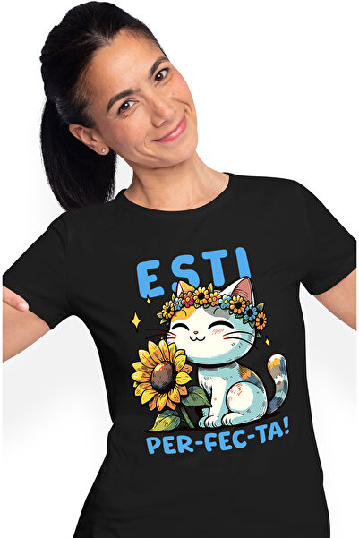 StoryGift Romania Tricou Femei Pisica cu Floricele - Esti Per-fec-ta, cu impr...