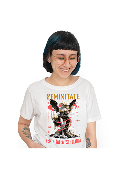 StoryGift Romania Tricou Femei cu Statuie Fata Cu Aripi Dezgolita, Aur, Fanta...