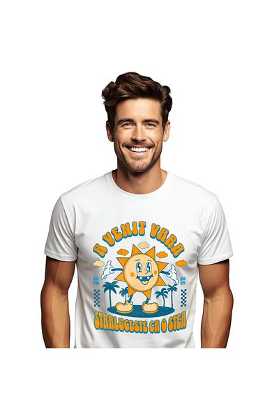 StoryGift Romania Tricou Barbati cu Soare Vesel stralucitor Vara, Plaja Tropicala, Vacanta cu impr,White_S