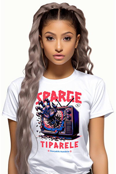 StoryGift Romania Tricou Femei Sparge tiparele mana in televizor digital cu imprimeu pe Fata, 100% WHT_M