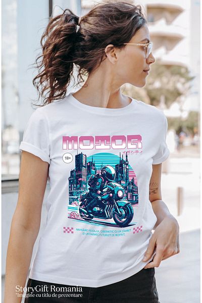 StoryGift Romania Tricou Femei cu Motociclist Cu Viteza Oras Niaptae Luminat Colorat Tokyo Motor P,White_M