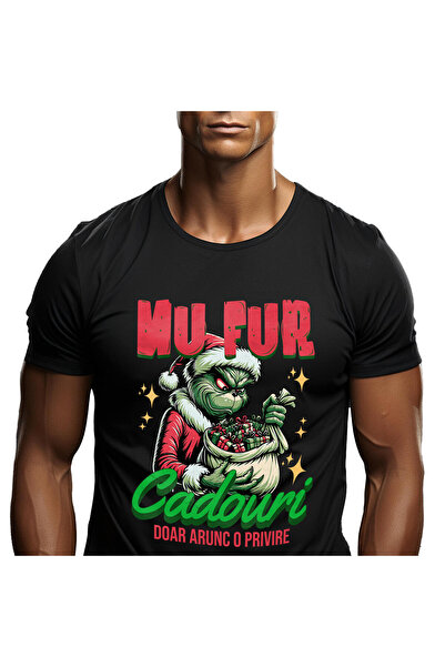 StoryGift Romania Tricou Barbati cu Grinch In Costum De Mos Craciun Sac De Cadouri, Curiozitate Sa,Black_S