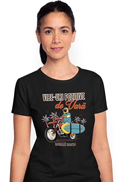 StoryGift Romania Tricou Femei Vibe-uri Pozitive de Vara. Savurează Vacanta motor cu imprimeu pe F BLK_M