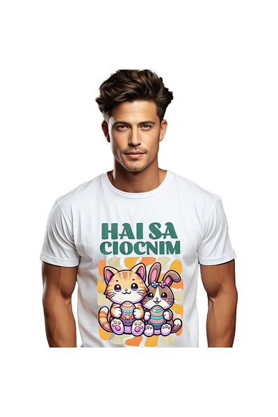 StoryGift Romania Men's T-Shirt with Family Lovers Orange Cat and Rabbit with Colorful Eggs,White_L