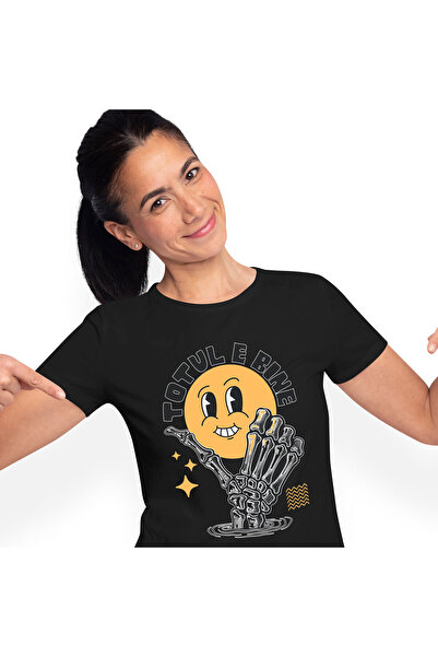StoryGift Romania Tricou Femei cu Smiley Face Vesel Mana Umana Schelete Mesaj Inspirational cu imp,Black_S