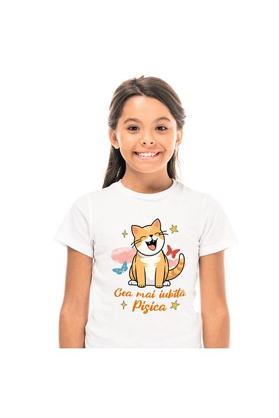 StoryGift Romania Kids T-Shirt with Cheerful Orange Cat with Furry Smile, M Lovers, White_6 YEARS