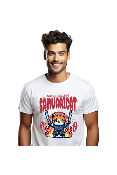 StoryGift Romania Tricou Barbati cu Pisica Portocalie Cu Costum Samurai Sabii...