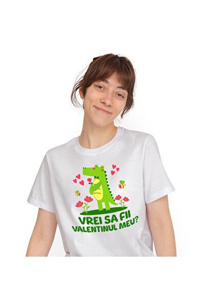 StoryGift Romania Tricou Femei cu Crocodil Romantic Cu Trandafir Roz Si Papion, Valentine's Day cu,White_XS