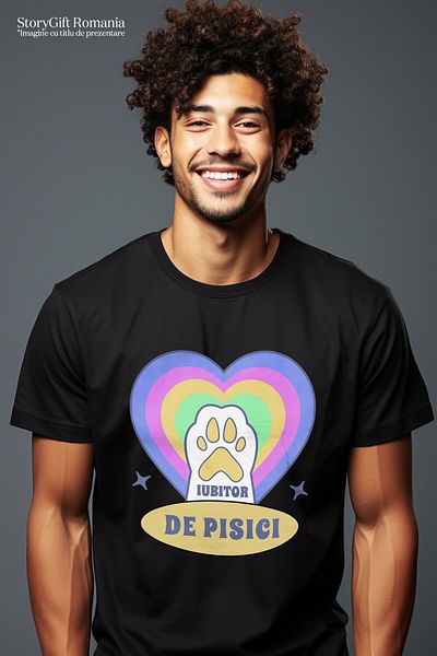 StoryGift Romania Tricou Barbati cu Labuta De Pisica Alba Inima Multicolor, Iubitorii De Motani, A,Black_M