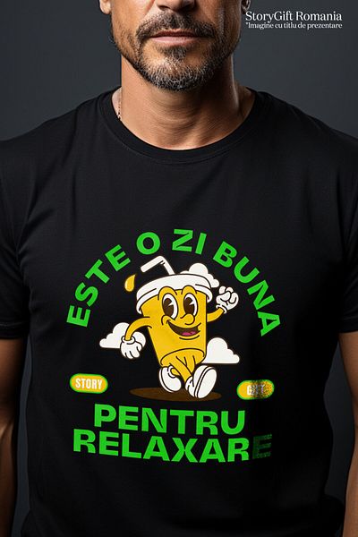 StoryGift Romania Men's T-Shirt with Glass of Natural Orange Juice With Straw Cheerful, Relaxation, Clouds P,Black_XS