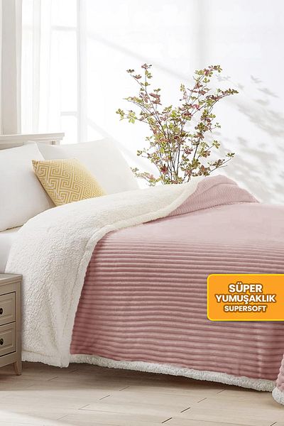 Evlen Home Collection Sherpa Blanket Double Striped Soft Plush Wellsoft Bedspread Powder