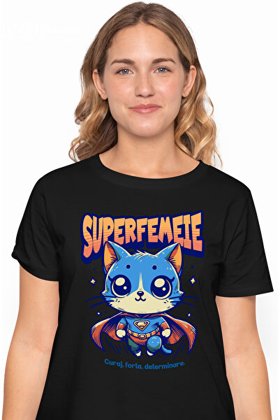 StoryGift Romania Tricou Femei Super Femeie, SuperErou, Pisica Zburand, cu imprimeu pe Fata, 100% BLK_XL