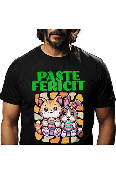 StoryGift Romania Men's T-Shirt with Orange Cat and Rabbit with Colored Eggs Easter Holidays C,Black_XS