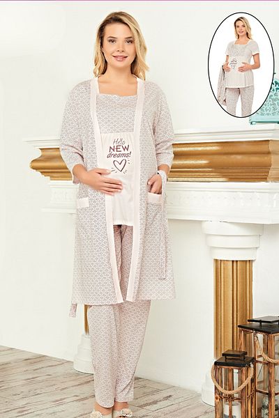 Cotpark Women's Cotton Lycra Fabric Breastfeeding Featured Maternity and Pregnant Short Sleeve 3-Piece Pajama Set 16079