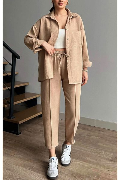 studio fashion 1988 Women's Beige Cotton Linen Aerobin Shirt Pants Double Set