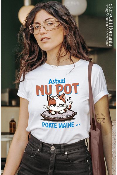 StoryGift Romania Tricou Femei cu Pisica haioasa Pe Perna Pufoasa, Iubitorii De Animale Motani, Co,White_M