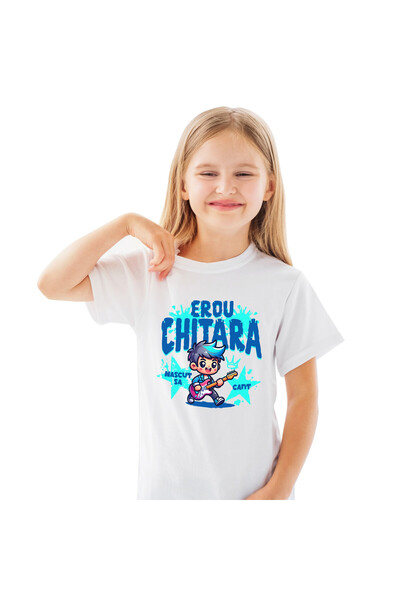 StoryGift Romania Tricou Copii cu Baiat Rockstar Cu Chitara Rosie pe Scena, M...