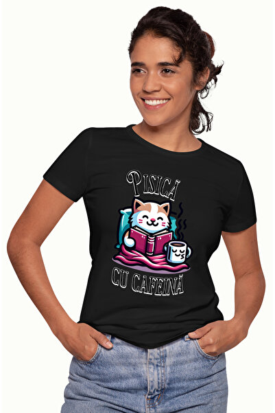 StoryGift Romania Tricou Femei Pisica cu cafeina citind, o vineri seara perfe...