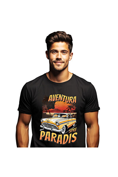 StoryGift Romania Tricou Barbati cu Masina Galbena Vintige Insula Tropicala A...