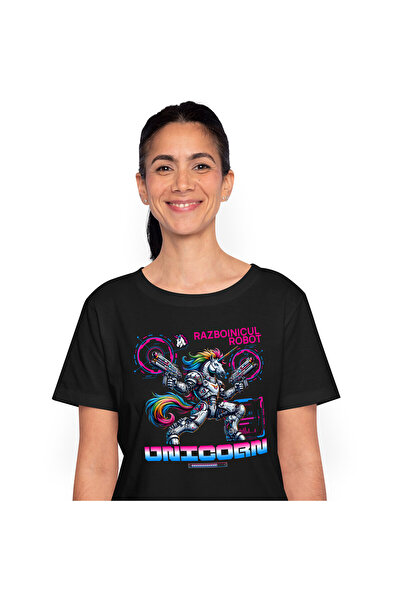 StoryGift Romania Tricou Femei cu Robot Unicorn Cu arme, Coama multicolor Col...