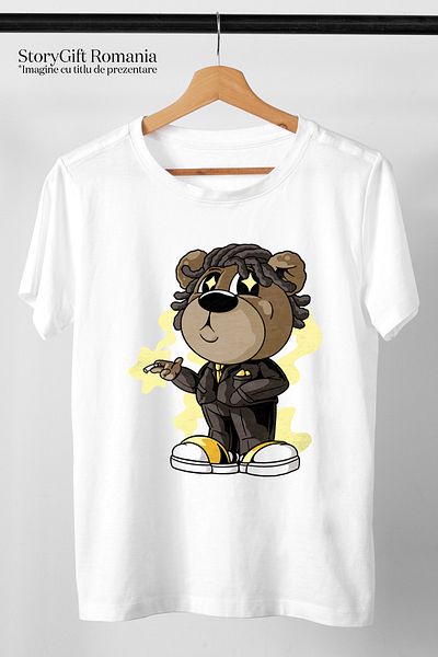 StoryGift Romania Tricou Femei Ursulet Baby cu Costum Business si Design NFT cu imprimeu pe Fata, WHT_L