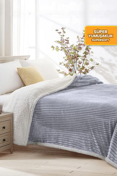 Evlen Home Collection بطانية شيربا رمادية - مفرش سرير مزدوج ناعم ومخطط من القطيفة ويلسوفت