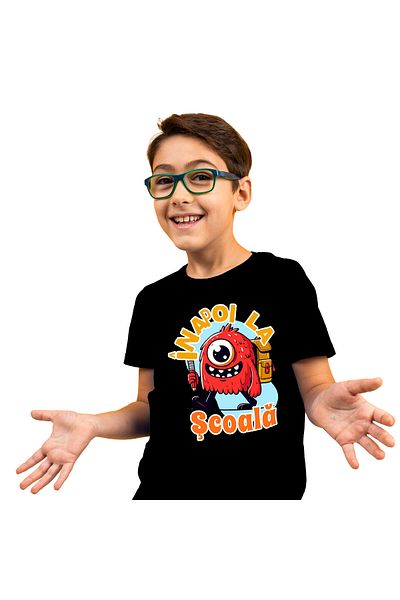 StoryGift Romania Kids T-Shirt with One-Eyed Monster with Backpack and Pencil Ready for School, Vacation, ,Black_12 YEARS