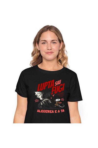StoryGift Romania Tricou Femei cu Soricel alb Lupta Contra Dragon Basme si Legenta, Razboinici, Jo,Black_L