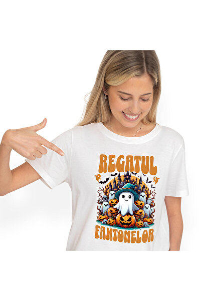 StoryGift Romania Women's T-shirt with Ghosts near Haunted Castle Pumpkin Halloween, Cemetery, Serbian, White_S