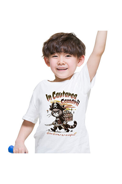 StoryGift Romania Tricou Copii cu Pisica Pirat Cu Palarie Si Cufar Cranii, Co...