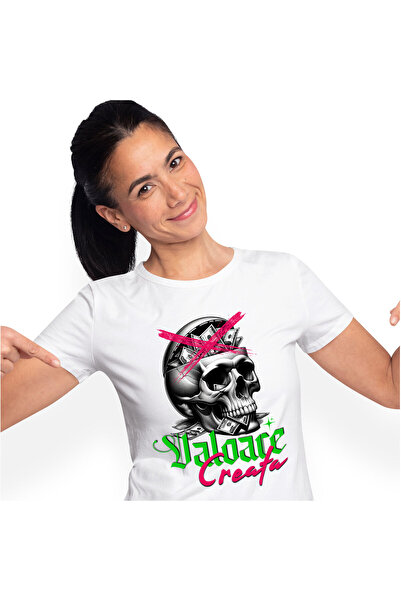 StoryGift Romania Tricou Femei cu Craniu Uman Mort Cu Bancnote In Creier Stil Abstract Stradal, Av,White_L