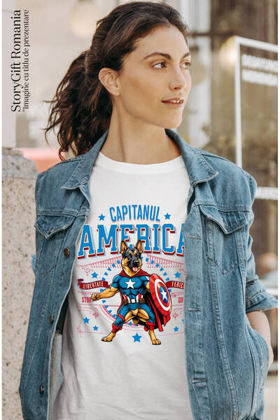 StoryGift Romania Women's T-shirt with German Shepherd Dog in Captain Am Costume,White_XS