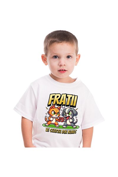 StoryGift Romania Tricou Copii cu Razboi Pisica Si Caine, Fratii, Lupta, Cearta, Animale Blanoase ,White_12ANI
