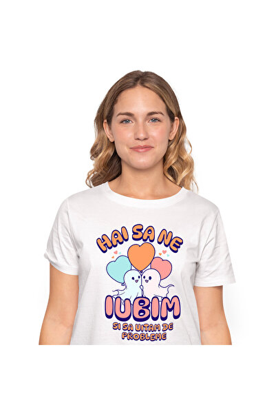 StoryGift Romania Tricou Femei cu Cuplu Fantome Fericit Cu Baloane In Forma De Inima, Copii cu imp,White_M