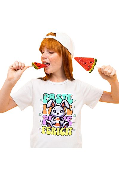 StoryGift Romania Tricou Copii cu Iepure De Paste Mov Vesel Cu Ou Colorat In Brate, sarbatori cu i,White_8ANI