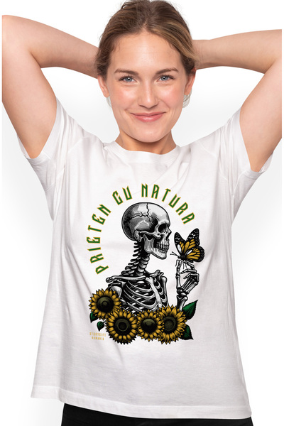 StoryGift Romania Tricou Femei prieten cu natura schelete si fluture flori cu imprimeu pe Fata, 1 WHT_XS