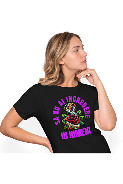 StoryGift Romania Tricou Femei cu Sarpe Cu Trandafir Rosu, Falsitate, Prieteni, inima Franta cu im,Black_XS