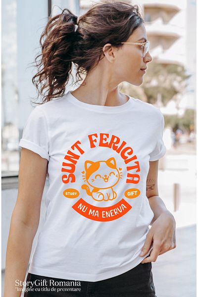 StoryGift Romania Women's T-Shirt with Happy Orange Cat, Cat Lovers, Animal Lovers, White_XL