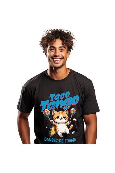 StoryGift Romania Men's T-Shirt with Orange Cat with Tacos Mexican Dance Animal Lovers c,Black_S
