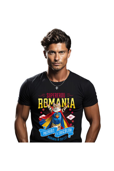 StoryGift Romania Men's T-Shirt with Bengal Cat in Captain Romania Costume with Cape, Hero N, Black_XS