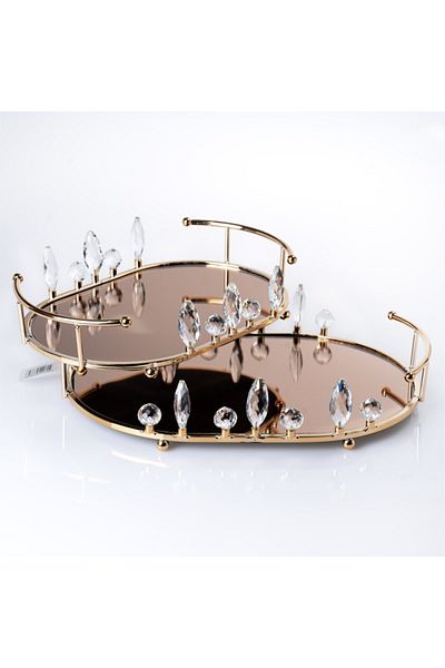 Hinora Crystal Stone Bronze Mirrored Oval Double Tray Set Presentation Holder Stylish Decorative
