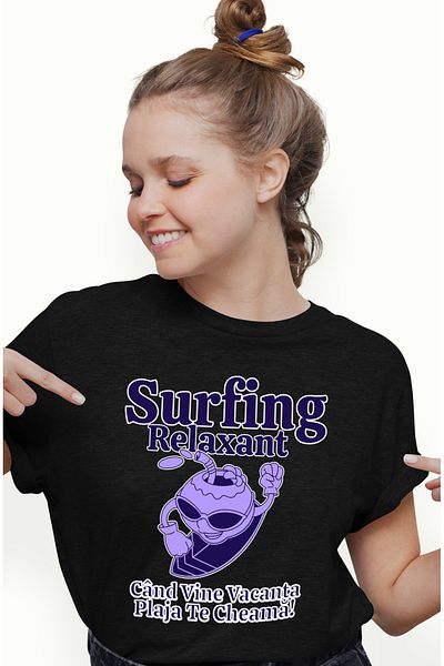 StoryGift Romania Tricou Femei Surfing relaxant cu bauturi proaspete surff cu imprimeu pe Fata, 10 BLK_XS