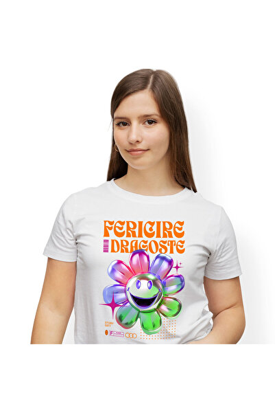 StoryGift Romania Tricou Femei cu Floare Colorata Vesela Stil Cristalin, Design Abstract, Jocuri V,White_XL