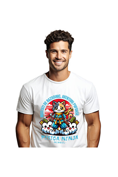 StoryGift Romania Tricou Barbati cu Pisica Colorata Ninja Pe Nori Razboinic U...